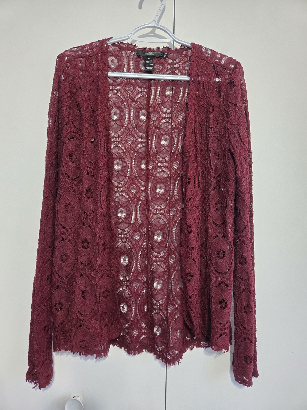 BKE Boutique Burgundy Lace Cardigan Women’s Medium Sheer Boho Open Front Top